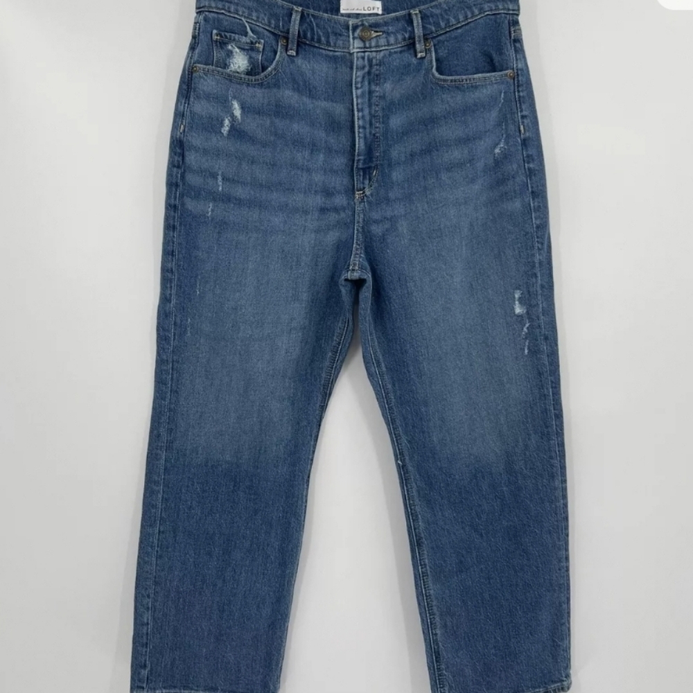 LOFT The 90's High Waist Straight Leg Distressed Blue Denim Jeans Size 31 / 12 P